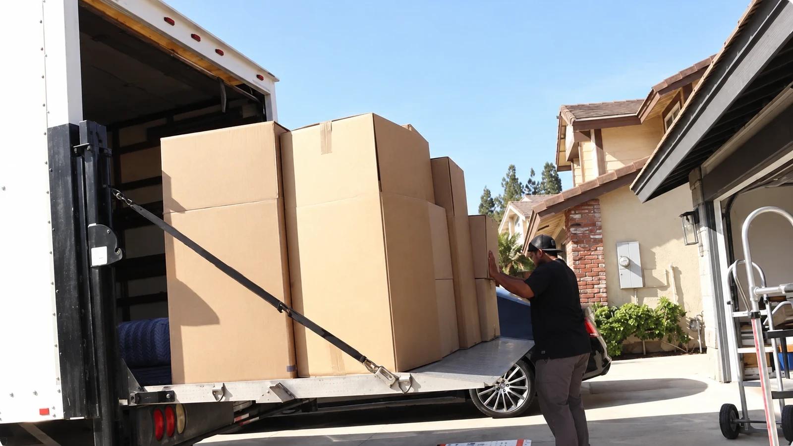 Movers carrying wrapped furniture during a residential move